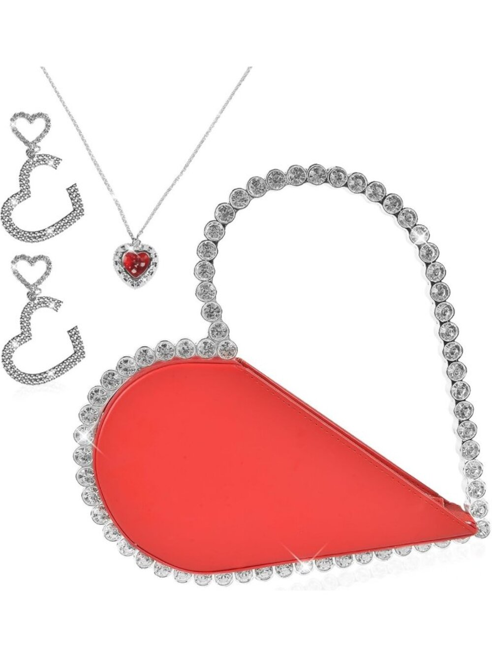 Red Heart Shaped Clutch Purse Set - Rhinestone Evening Bag & Jewelry for